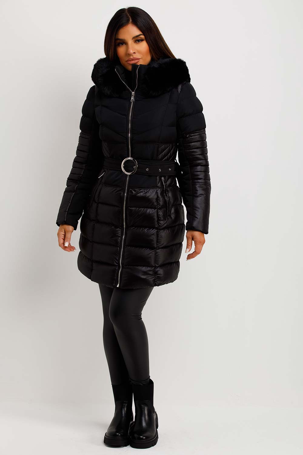 Puffer Coat With Fur Hood And Belt Black