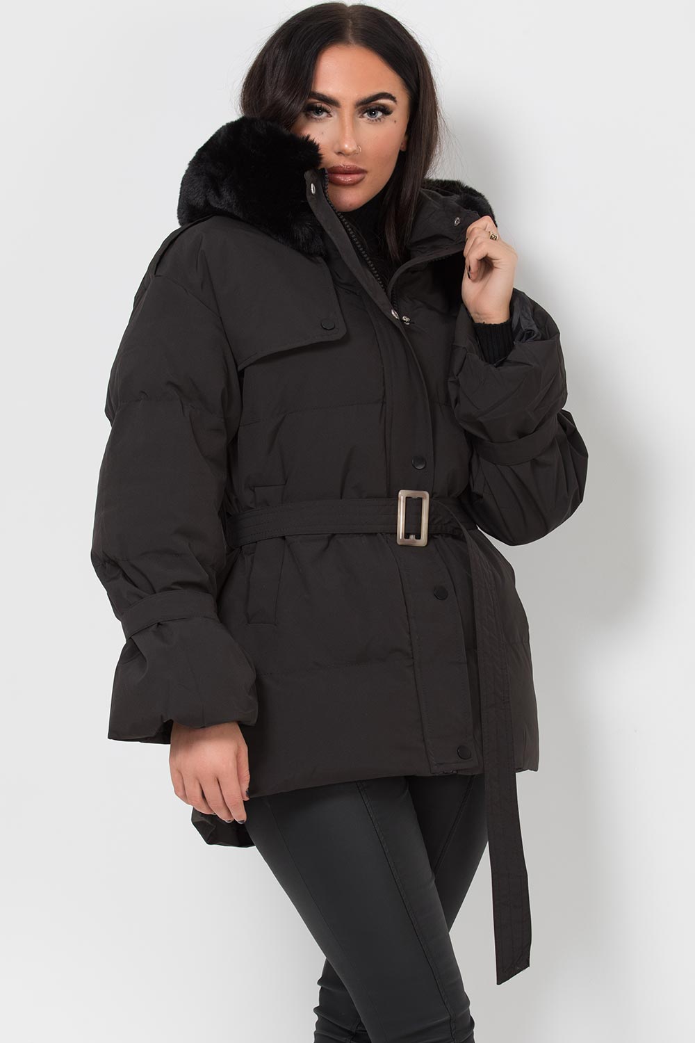 Black Puffer Padded Coat With Faux Fur Hood