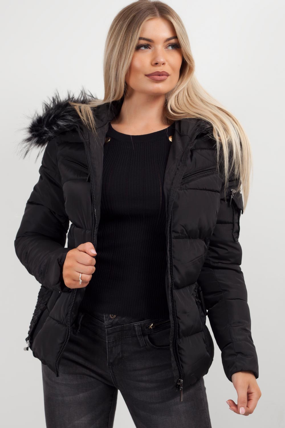 Faux Fur Hooded Jacket With Belt