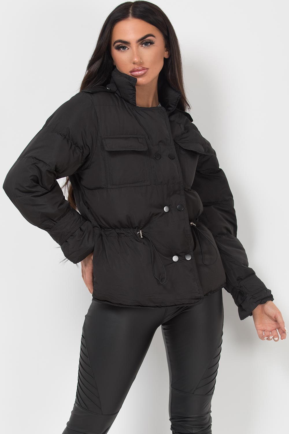 Black Puffer Jacket With Elasticated Drawstring