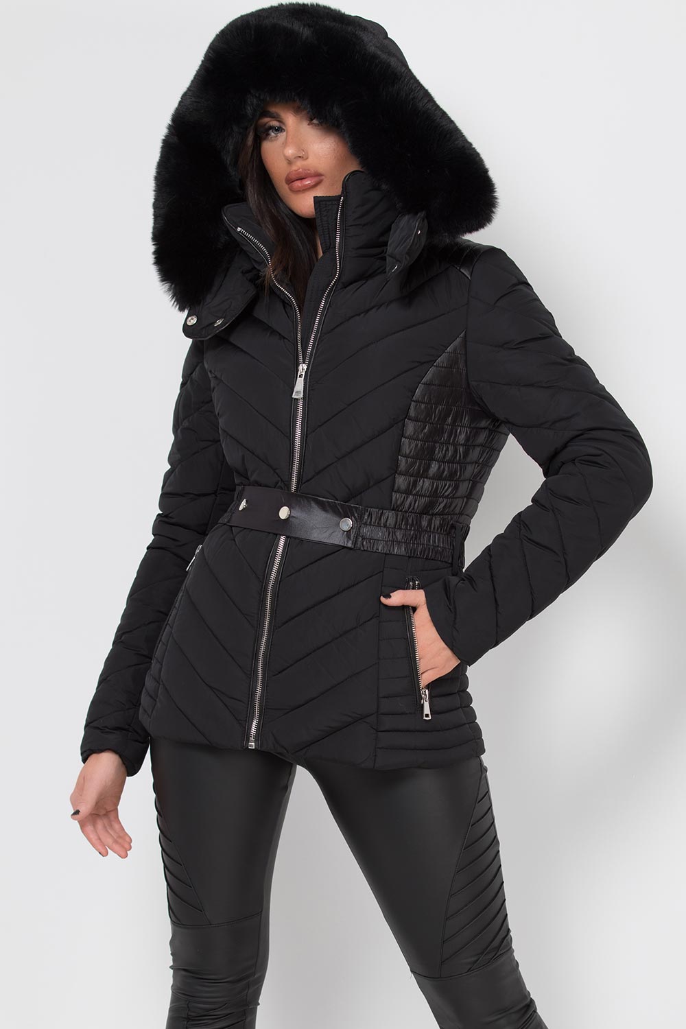 Black Puffer Quilted Jacket With Faux Fur Hood And Belt