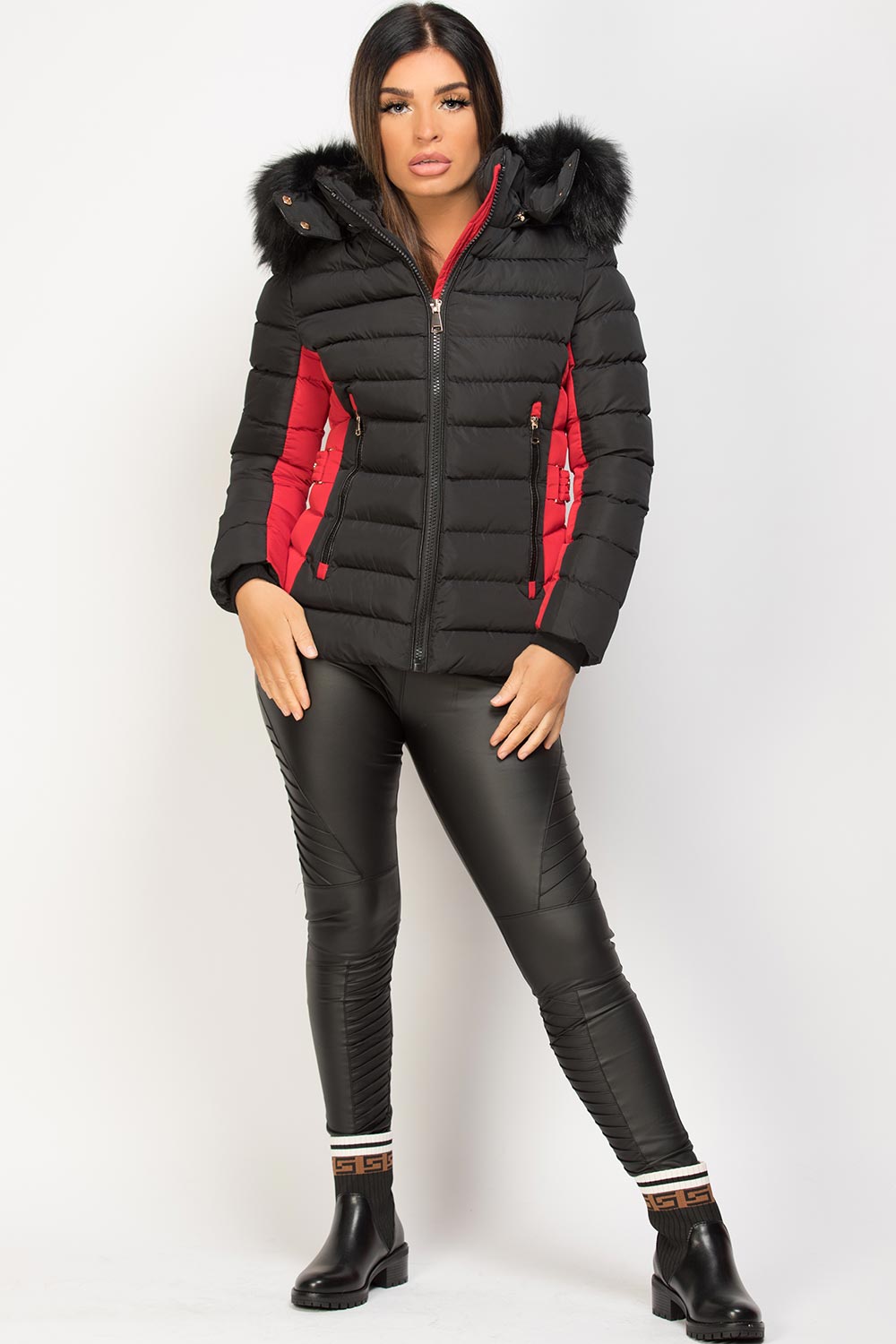 Puffer Jacket With Faux Fur Hood Black And Red