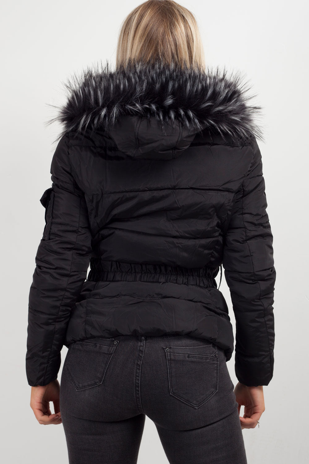 Faux Fur Hooded Jacket With Belt