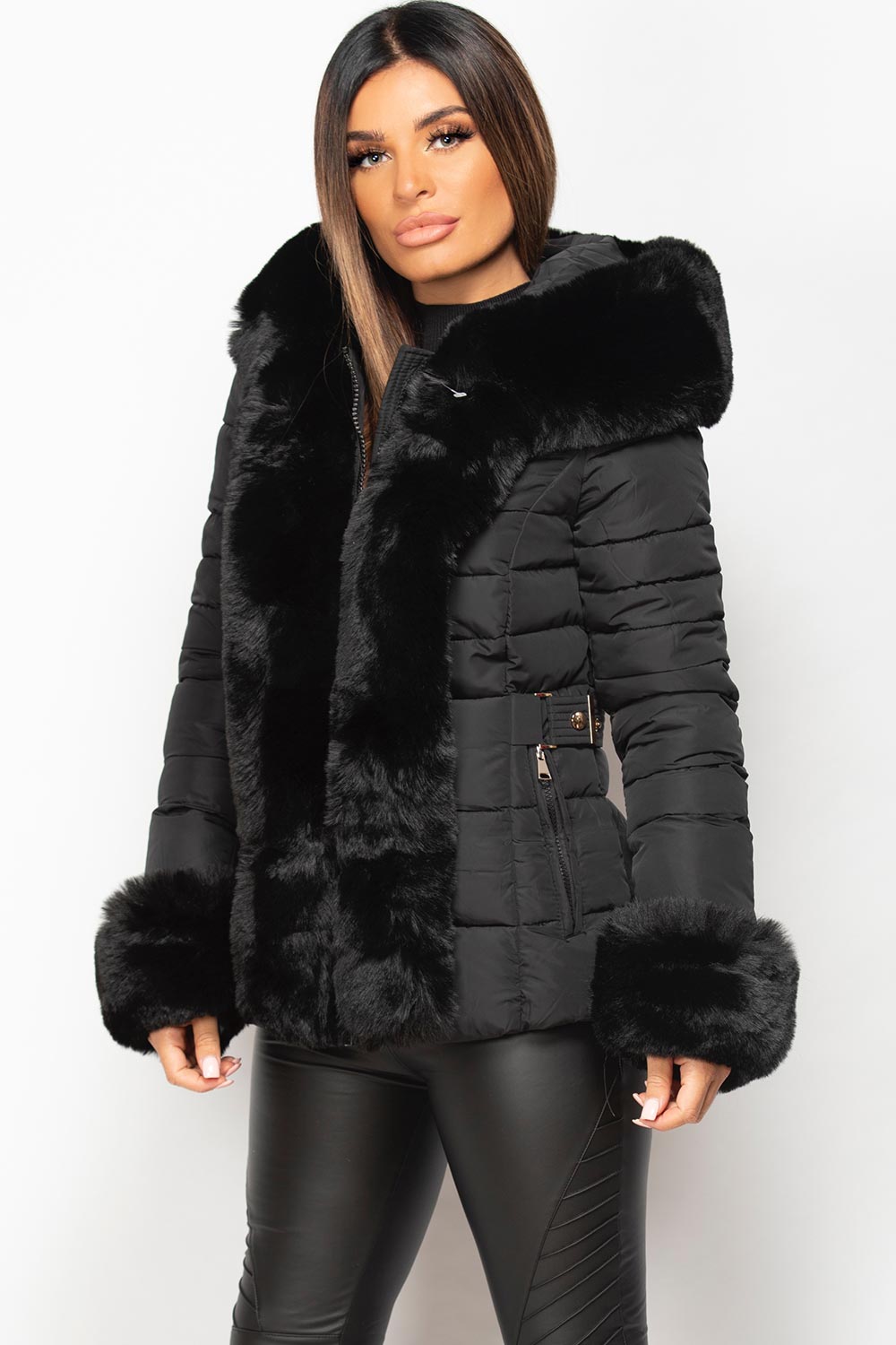 Black Puffer Coat With Faux Fur Hood And Cuff