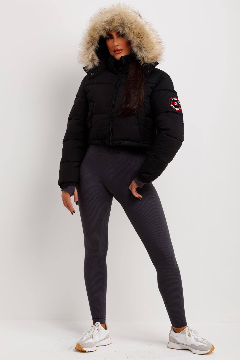 Black Puffer Jacket With Fur Hood Cropped