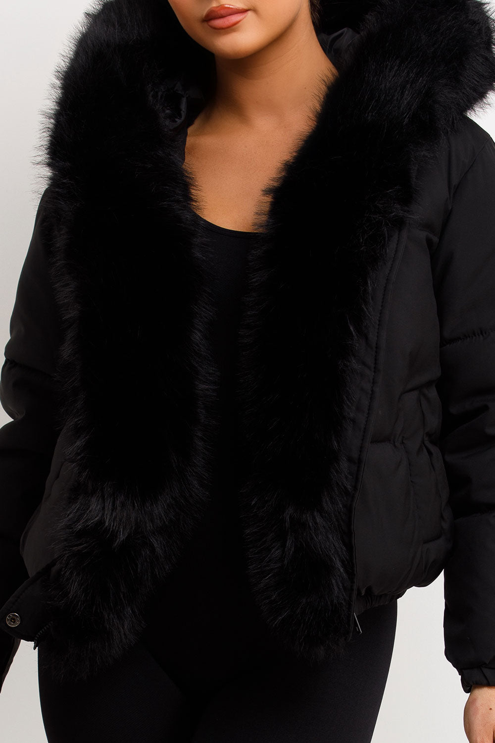 Bomber Jacket With Fur Hood And Trim Black