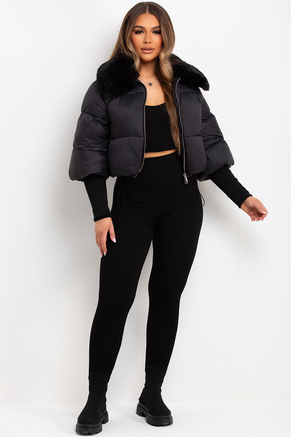 Faux Fur Collar Puffer Jacket Black