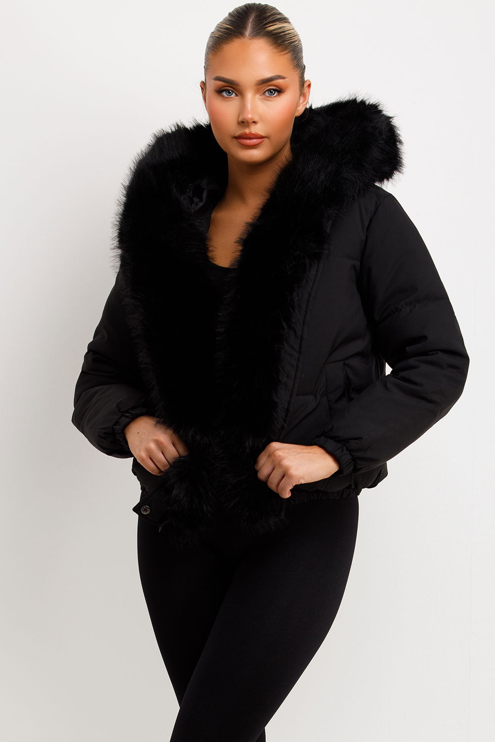 Bomber Jacket With Fur Hood And Trim Black