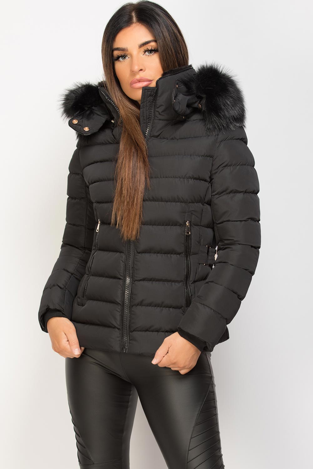 Black Puffer Jacket With Faux Fur Hood