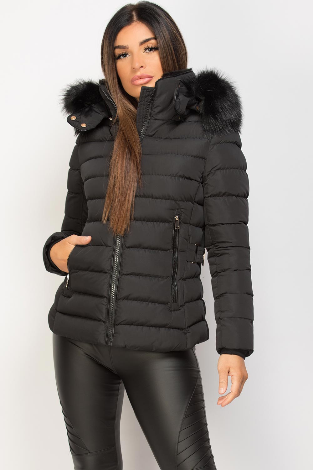 Black Puffer Jacket With Faux Fur Hood