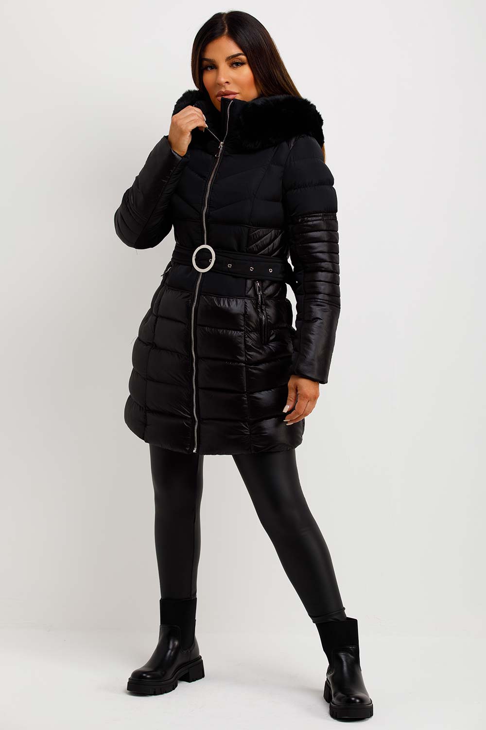 Puffer Coat With Fur Hood And Belt Black