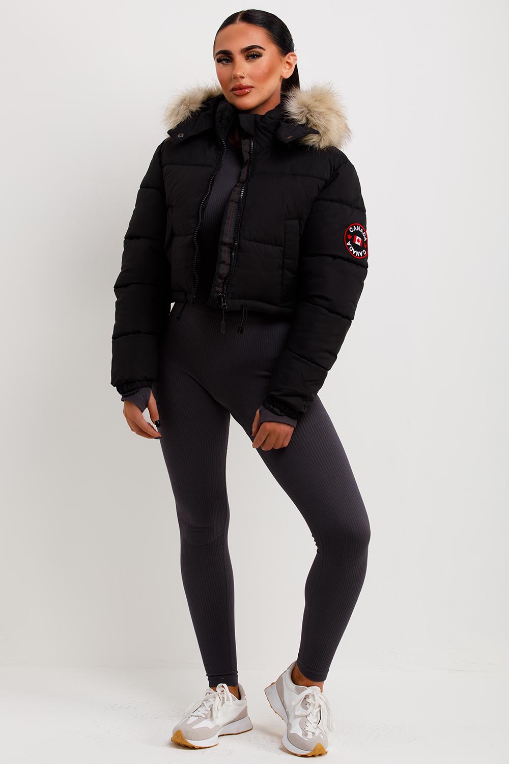 Black Puffer Jacket With Fur Hood Cropped