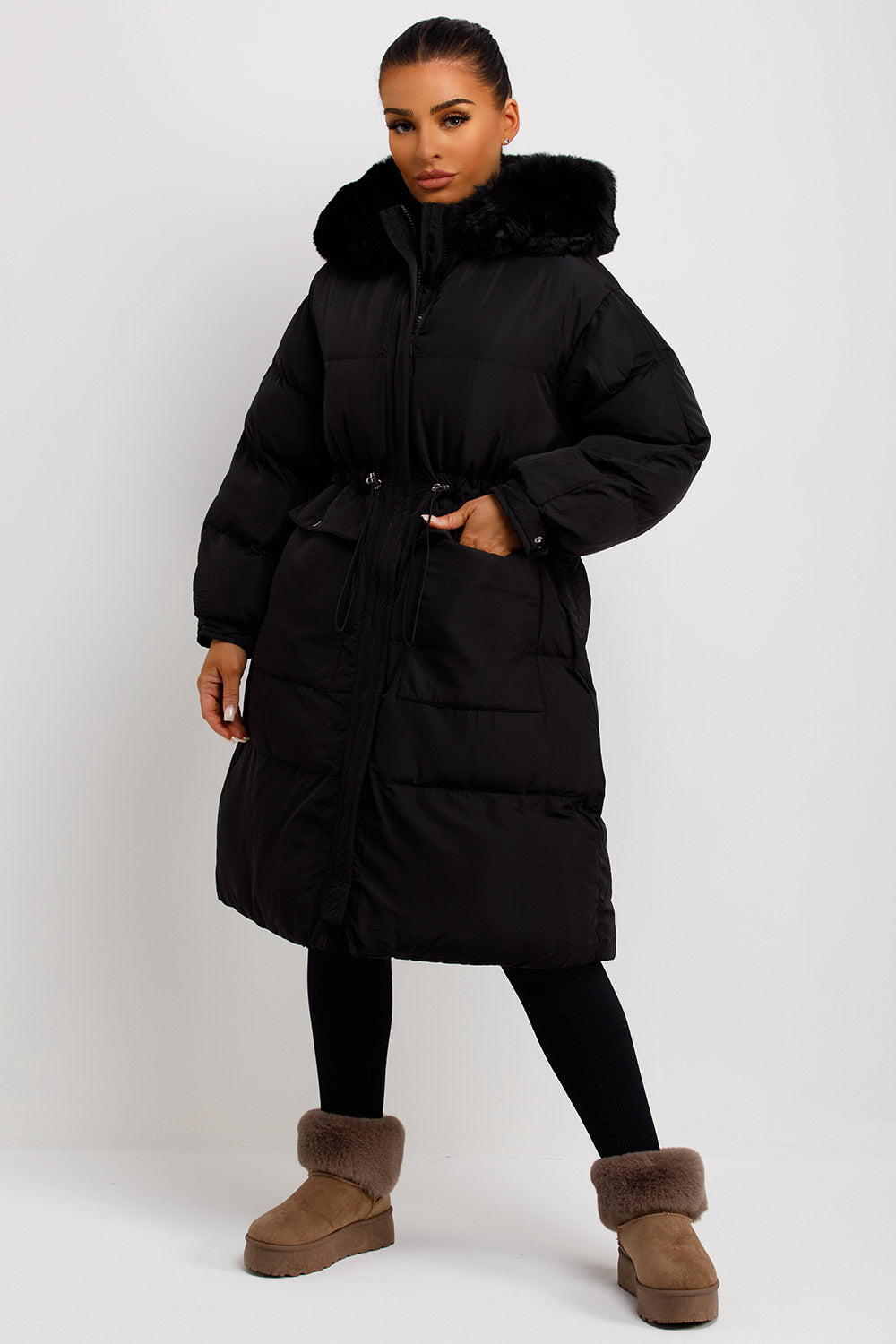 Long Black Puffer Coat With Faux Fur Hood And Drawstring Waist