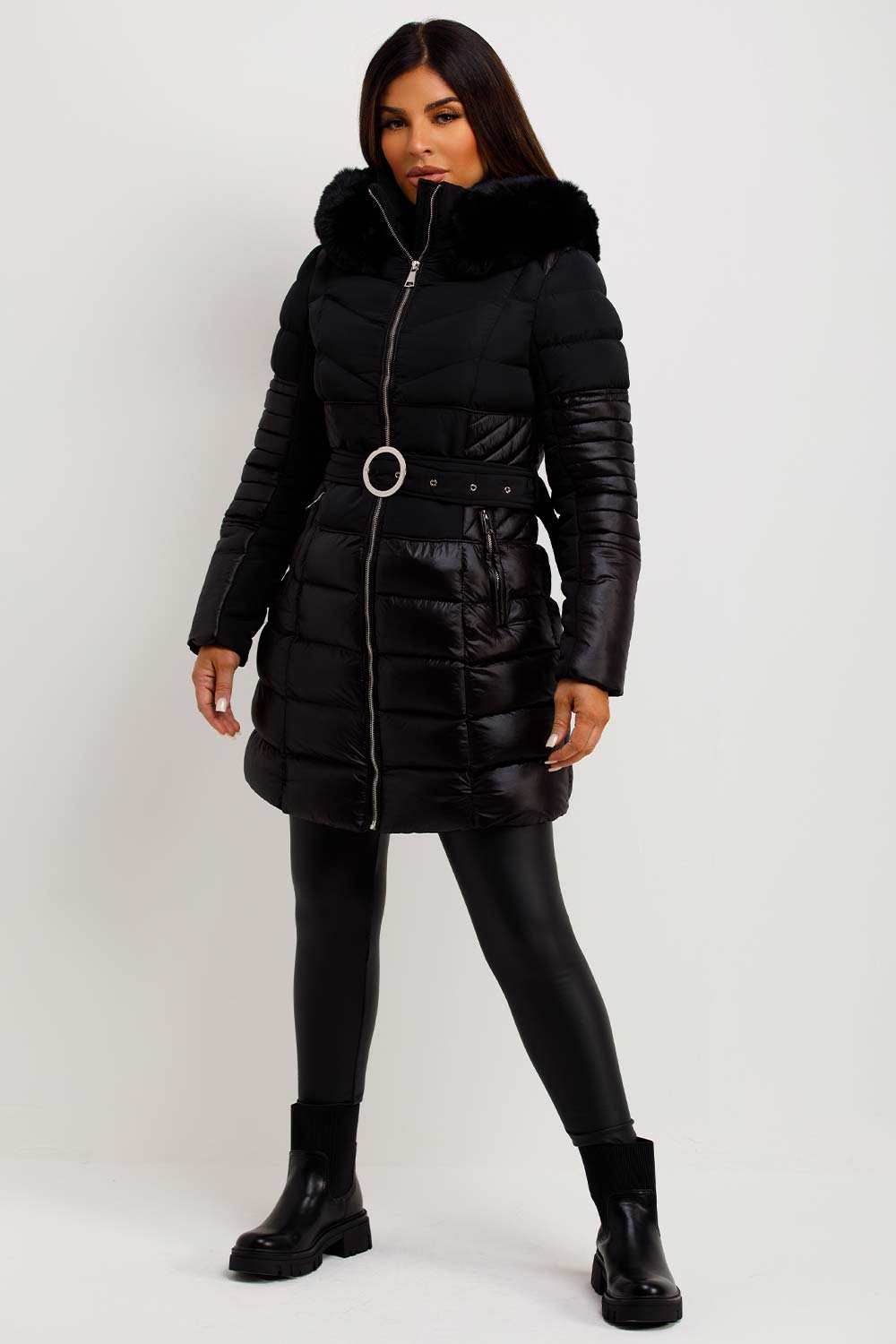 Puffer Coat With Fur Hood And Belt Black