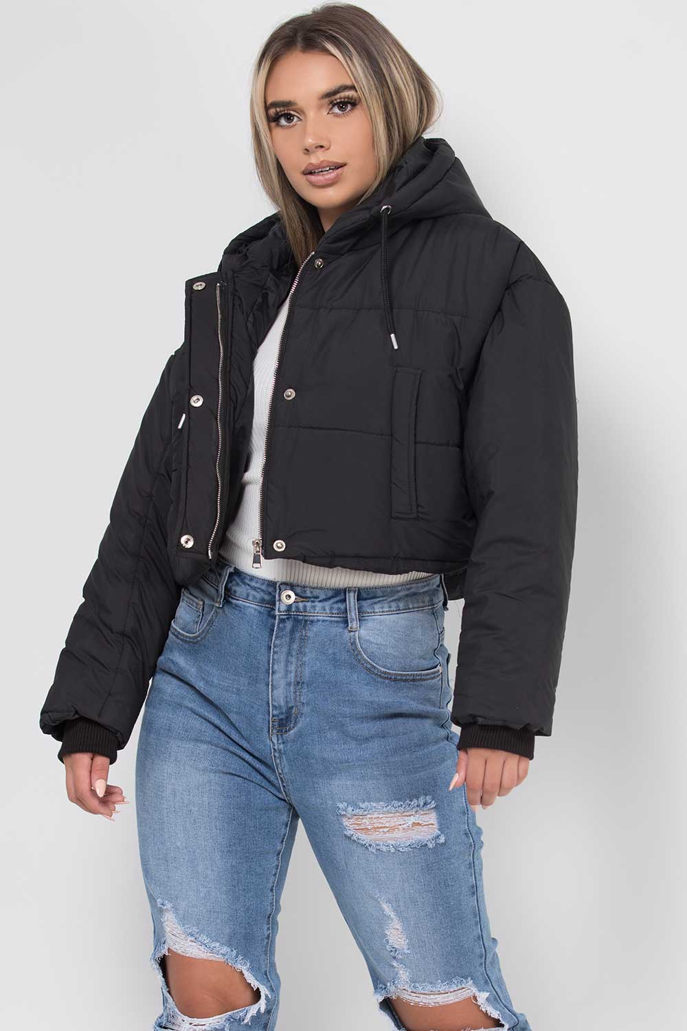 Black Crop Puffer Jacket With Hood