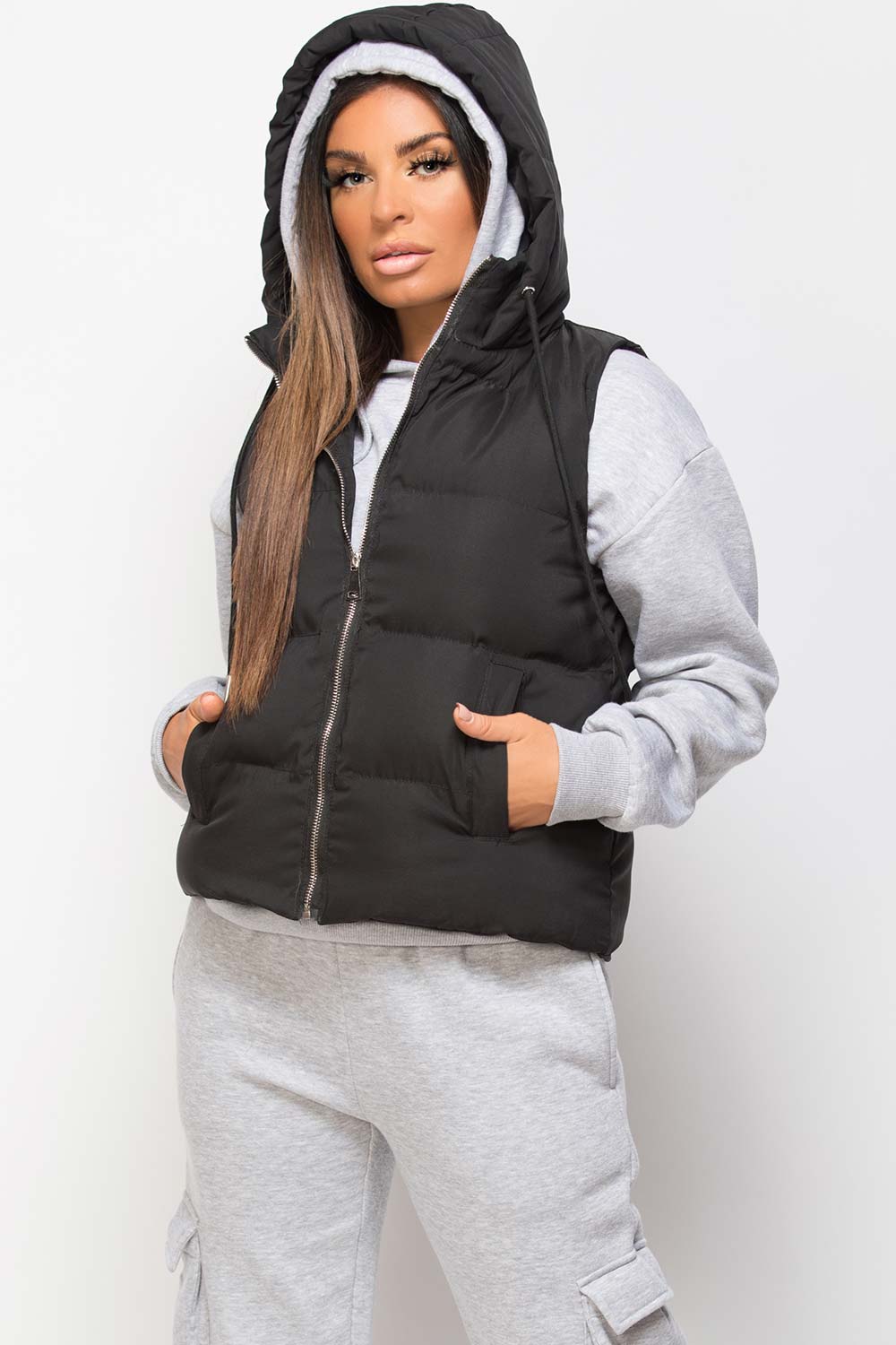 Black Hooded Gilet Sleeveless Jacket