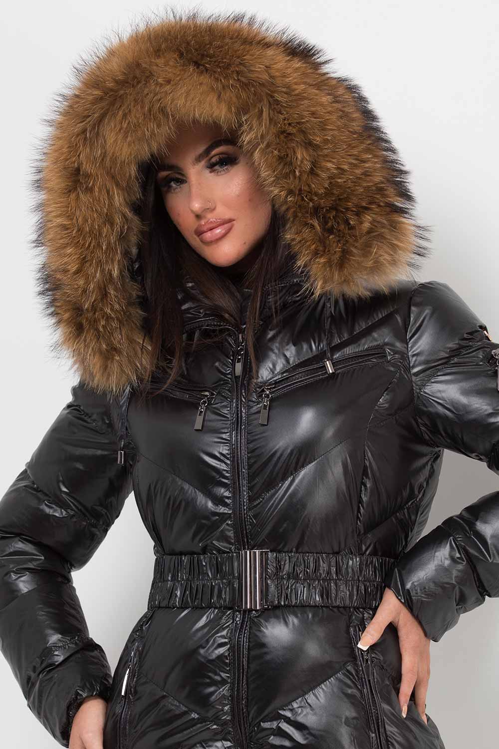 Real Fur Hood Puffer Jacket With Belt Black