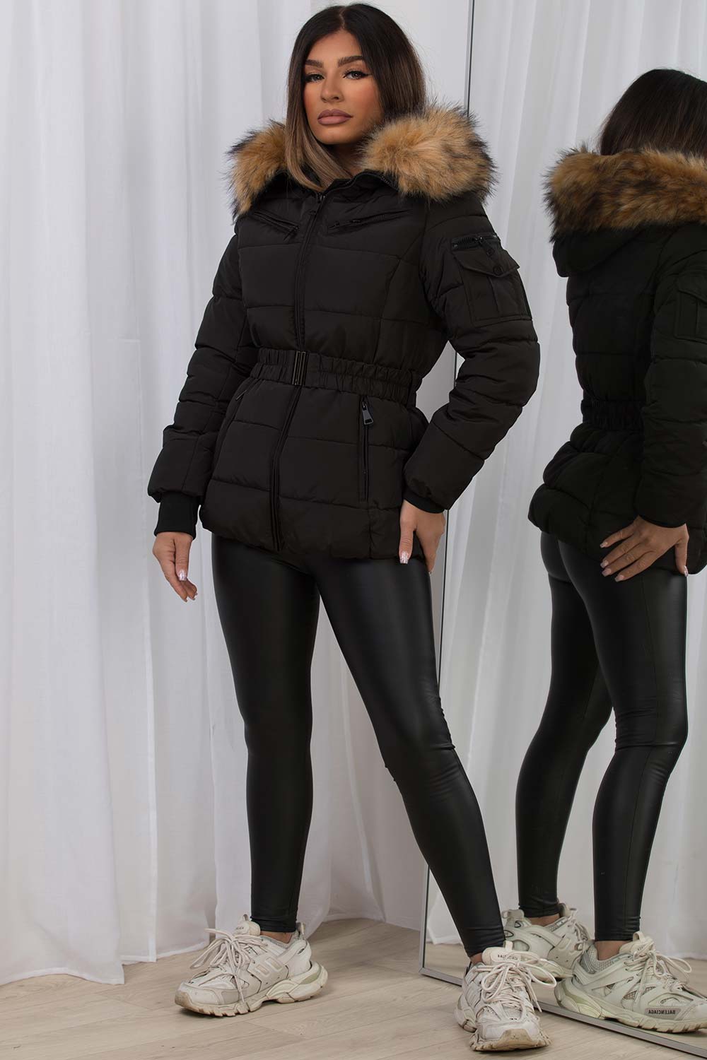 Faux Fur Hood Puffer Jacket With Belt