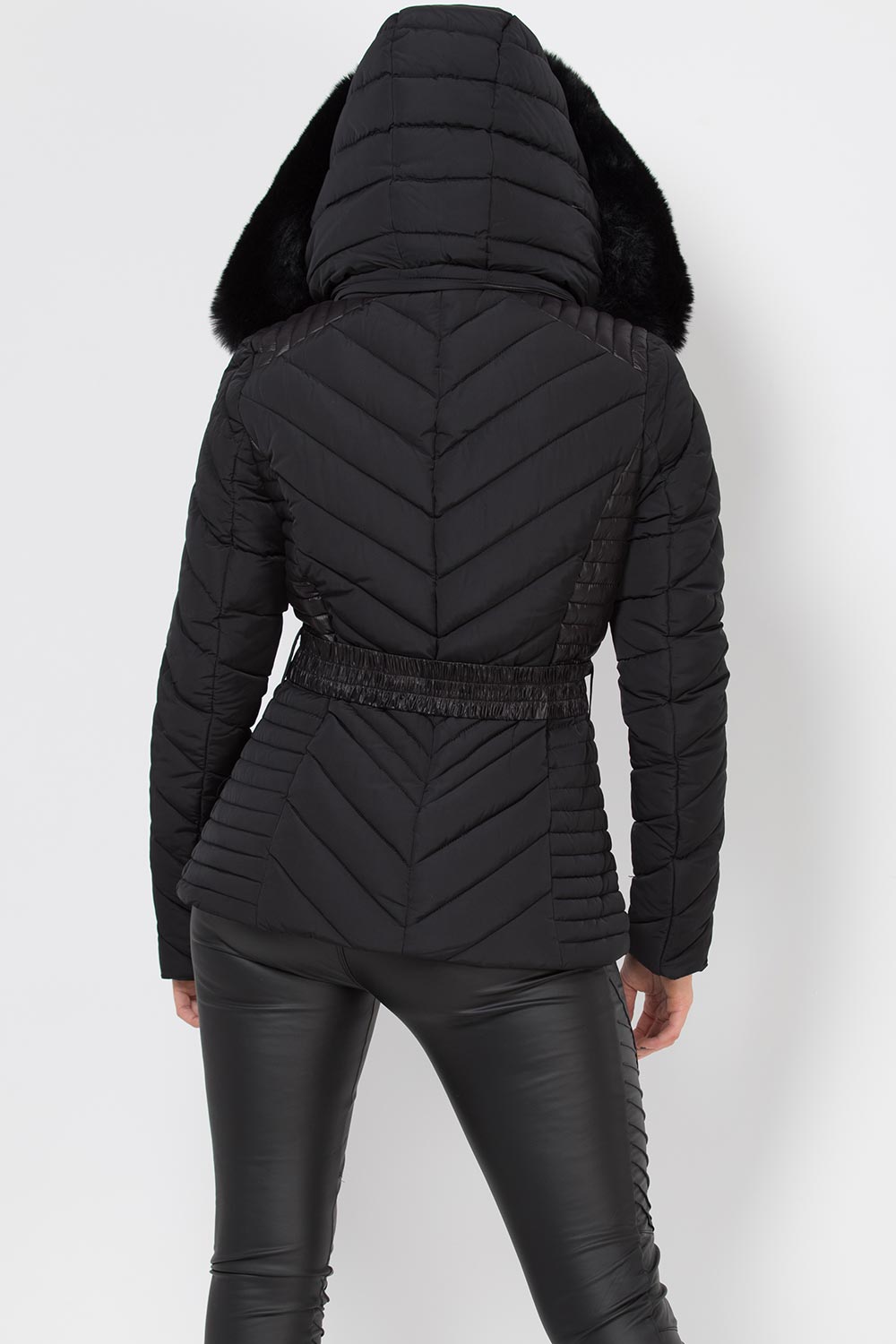 Black Puffer Quilted Jacket With Faux Fur Hood And Belt