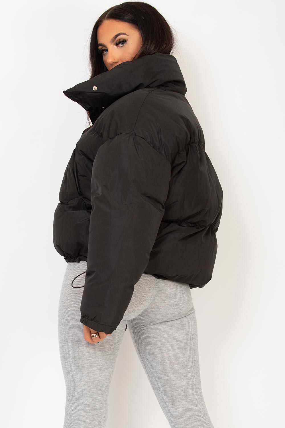 Black Puffer Jacket With Drawstring Hem