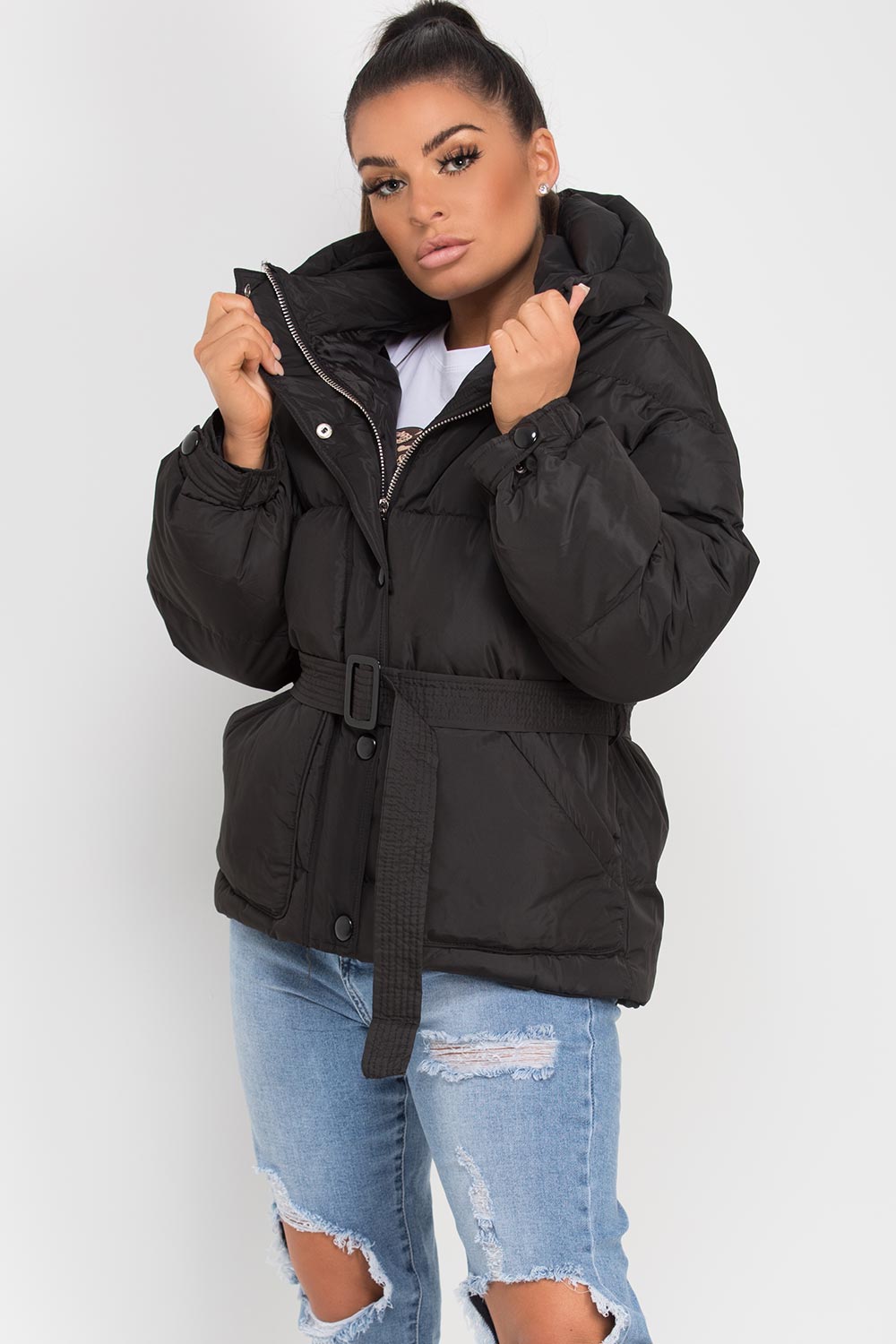 Black Puffer Padded Jacket With Belt