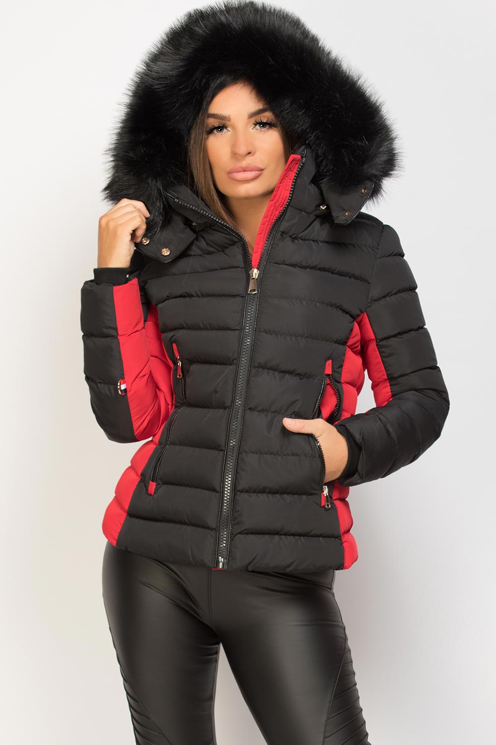 Puffer Jacket With Faux Fur Hood Black And Red