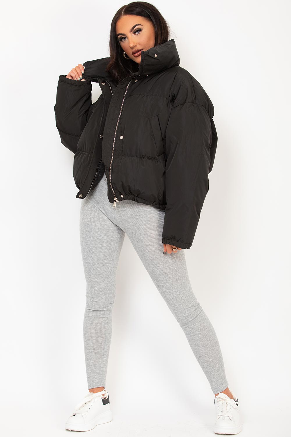 Black Puffer Jacket With Drawstring Hem