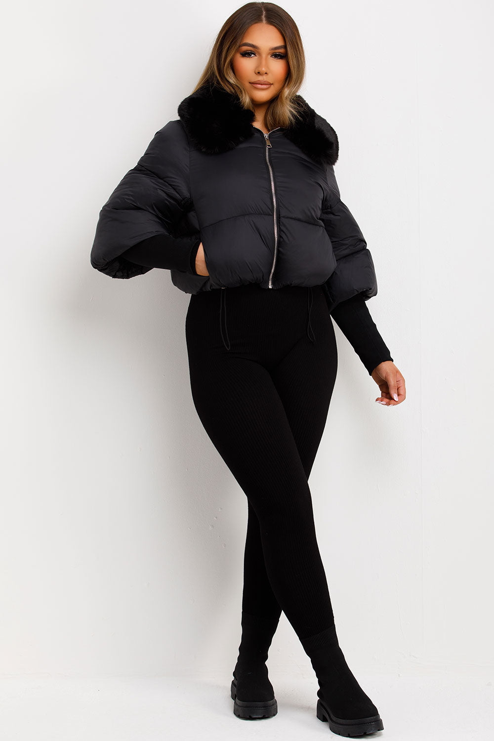 Faux Fur Collar Puffer Jacket Black