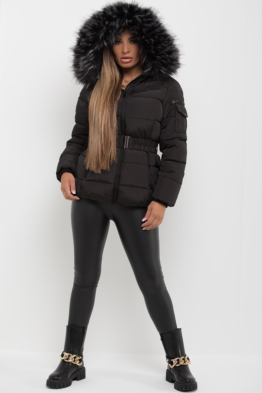 Faux Fur Hooded Jacket With Belt