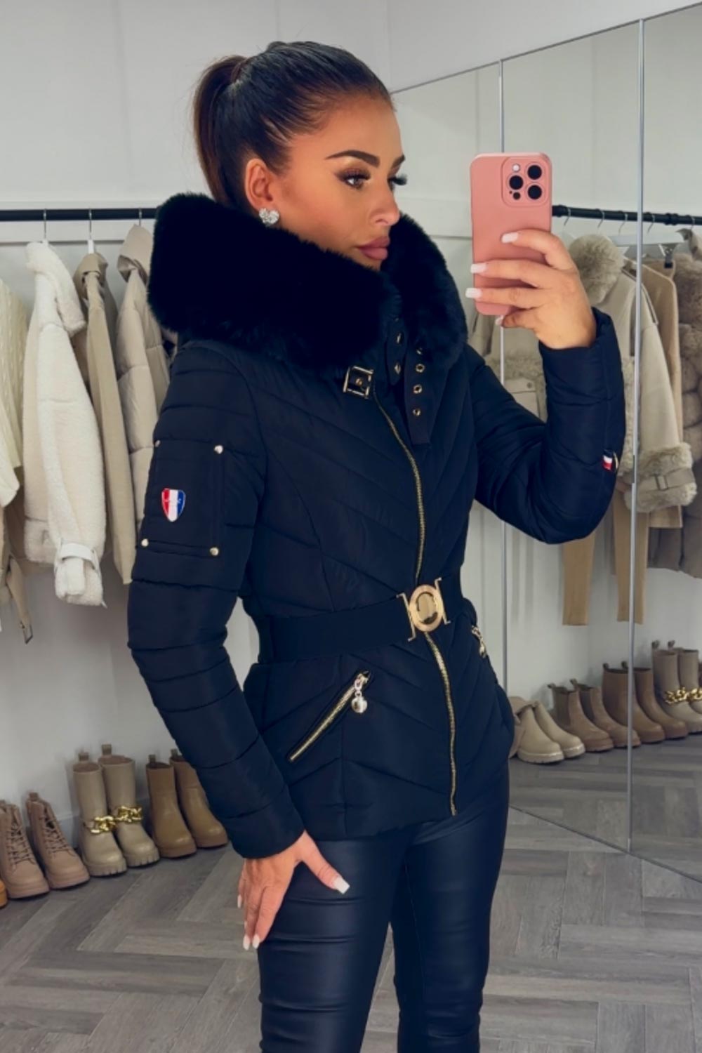 Puffer Jacket With Fur Hood And Belt Black