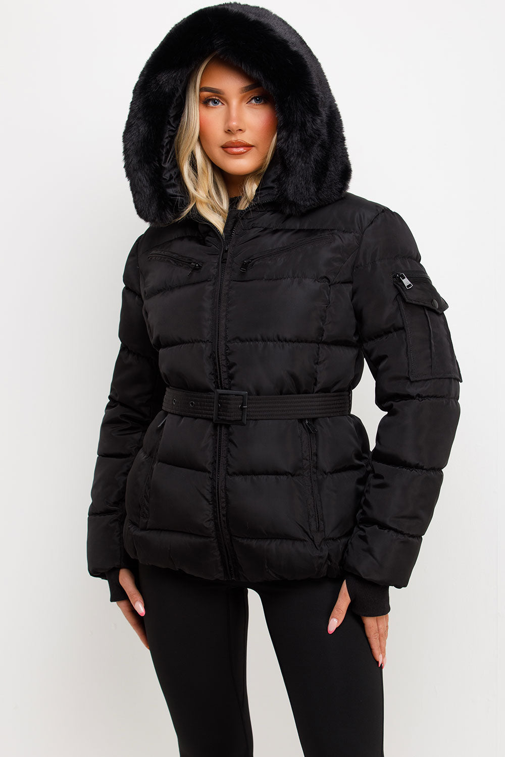 Black Faux Fur Hood Jacket With Belt