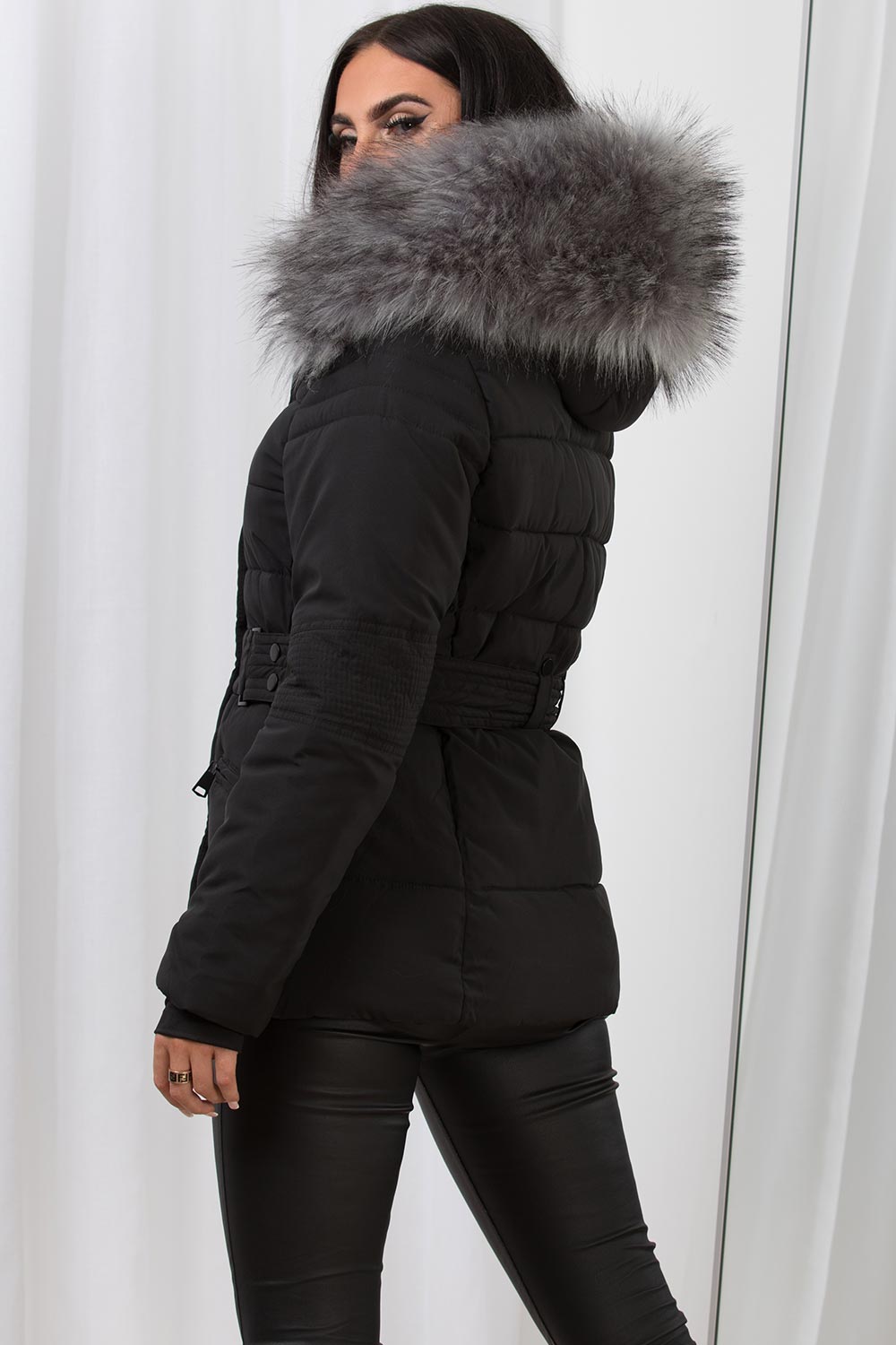 Faux Fur Hood Puffer Jacket With Buckle Belt Black