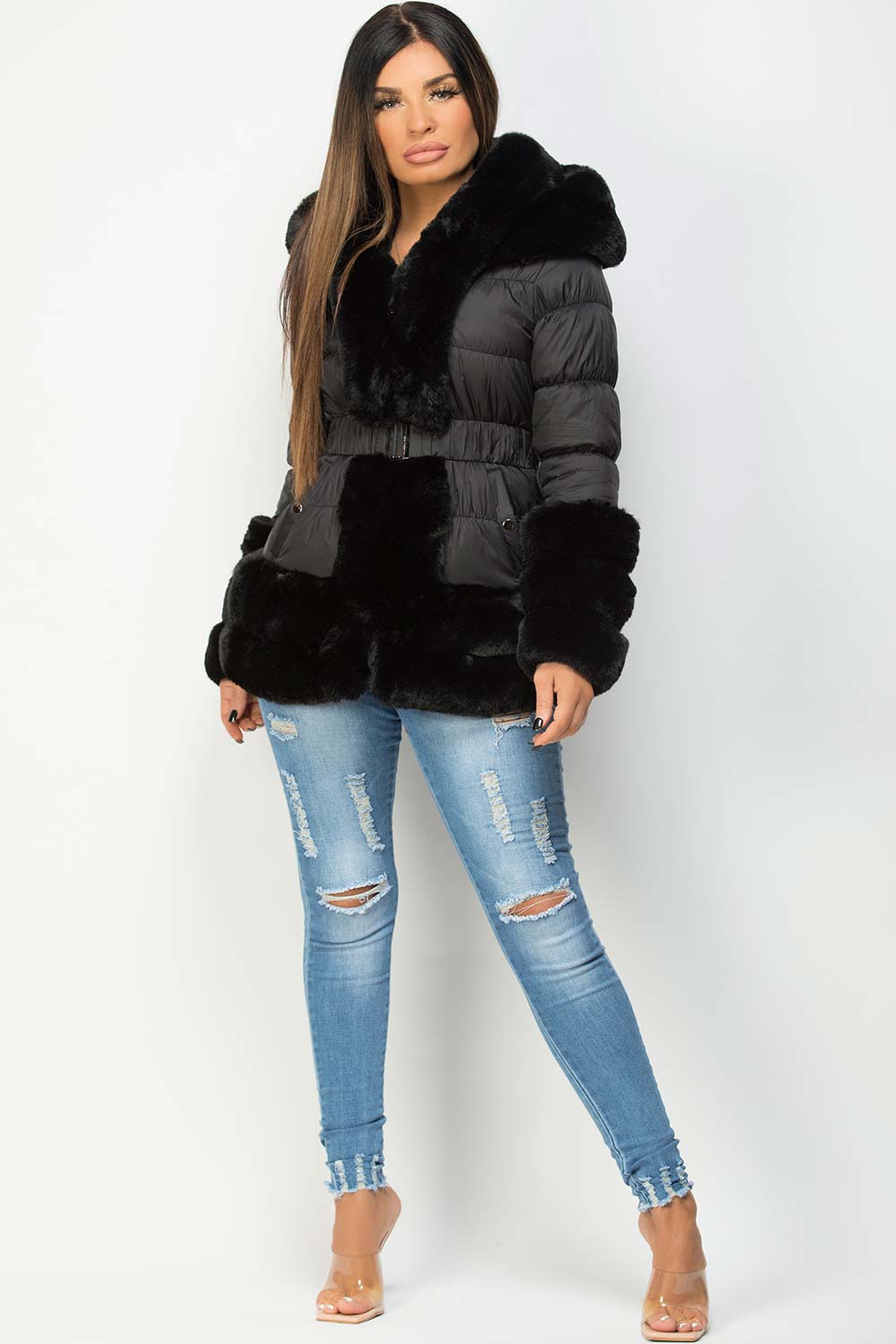 Faux Fur Trim Puffer Hooded Down Jacket With Belt