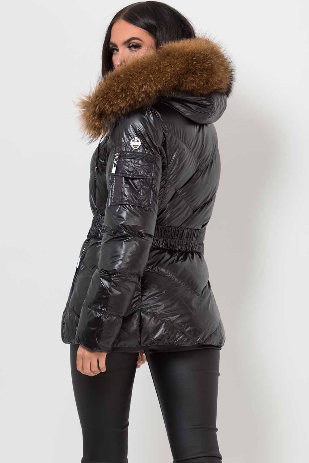 Real Fur Hood Puffer Jacket With Belt Black