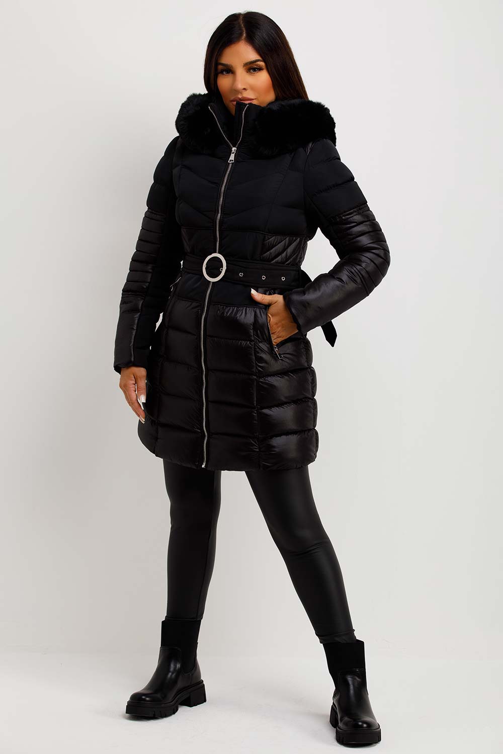 Puffer Coat With Fur Hood And Belt Black