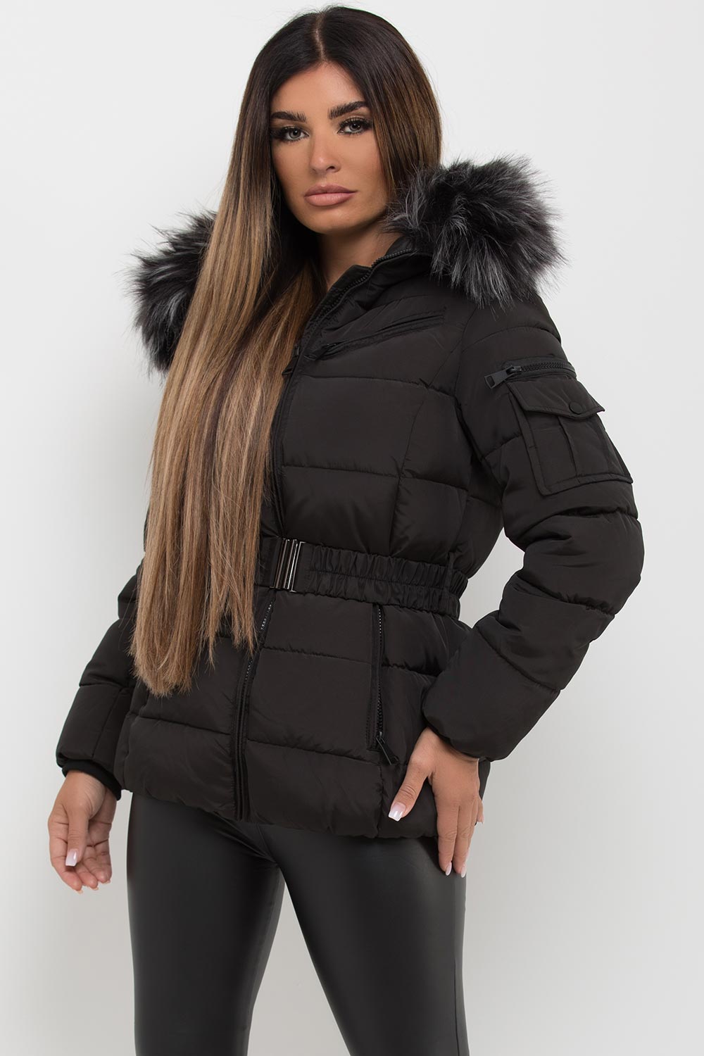 Faux Fur Hooded Jacket With Belt