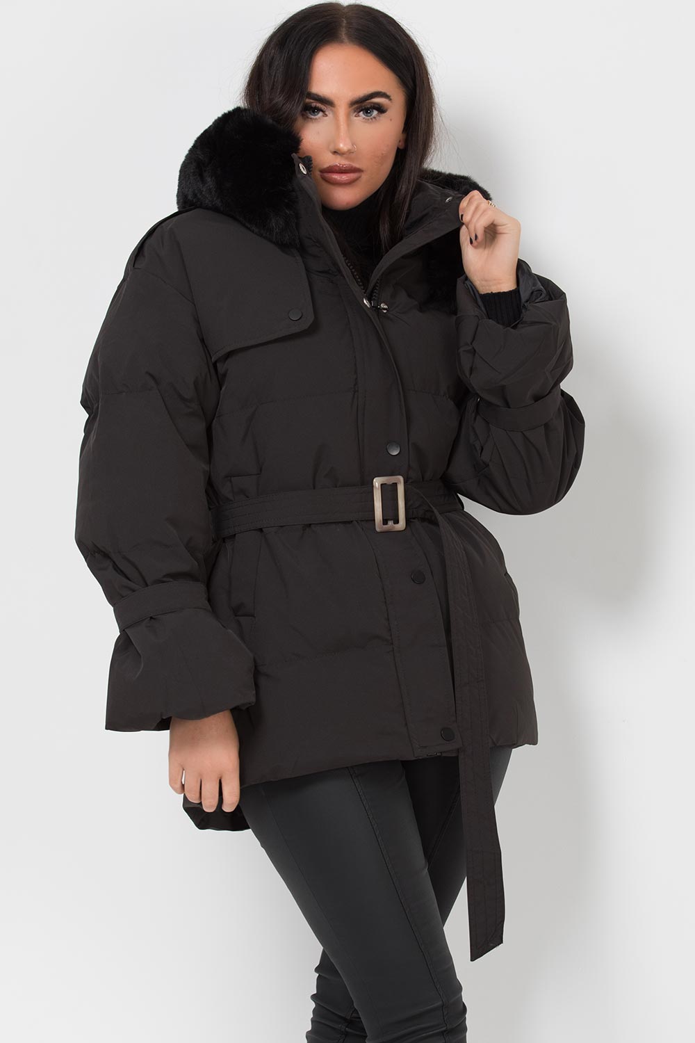 Black Puffer Padded Coat With Faux Fur Hood