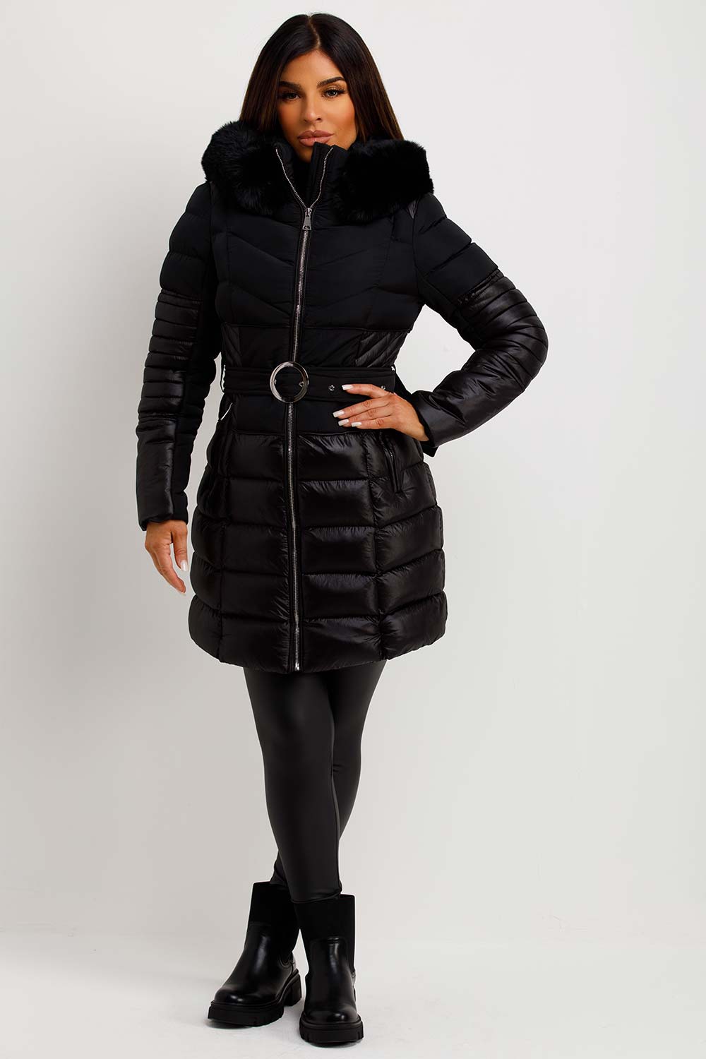 Puffer Coat With Fur Hood And Belt Black