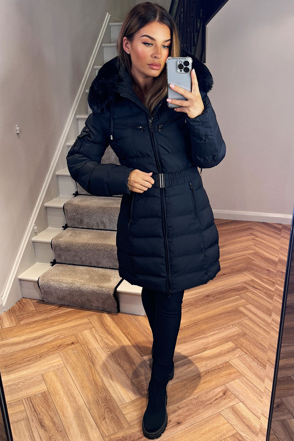 Long Puffer Coat With Fur Hood And Belt Black