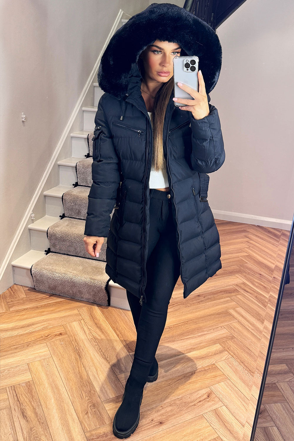 Long Puffer Coat With Fur Hood And Belt Black