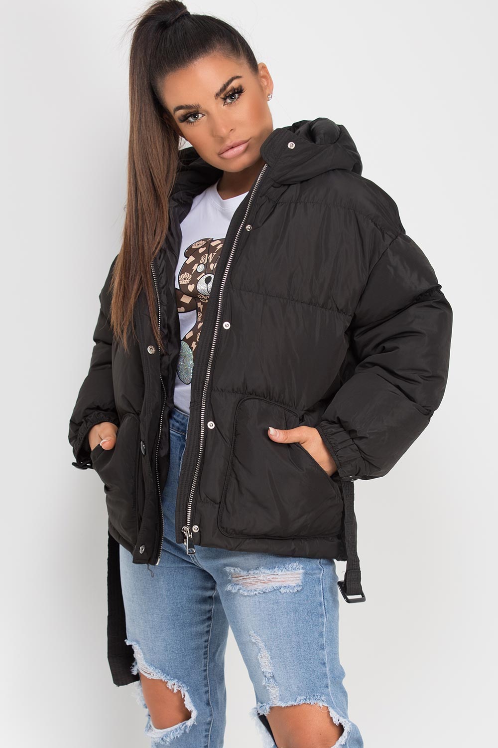 Black Puffer Padded Jacket With Belt