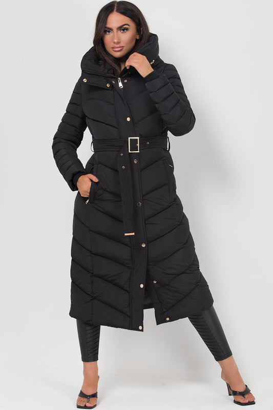 Long Puffer Down Coat With Belt Black