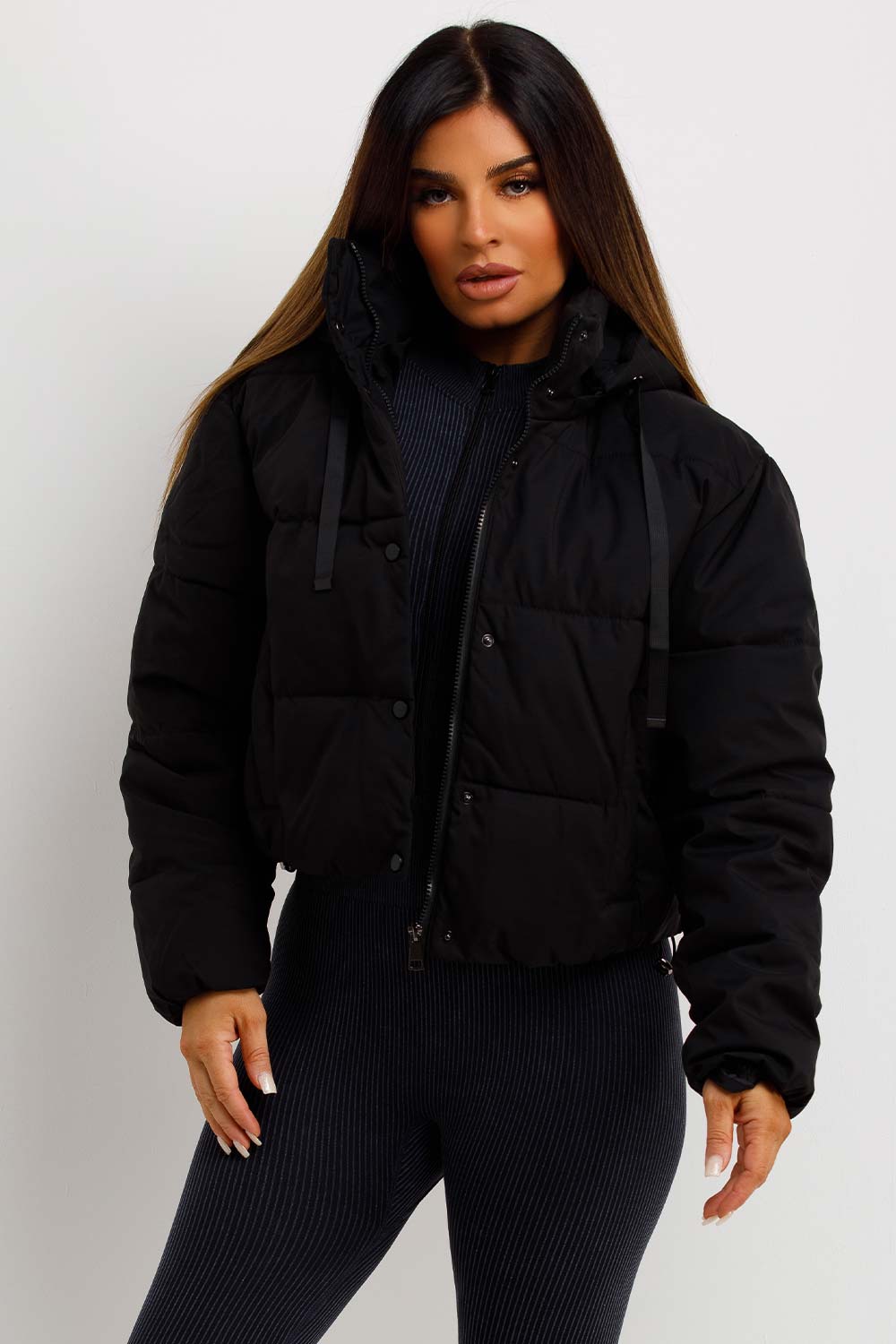 Black Puffer Padded Jacket With Hood