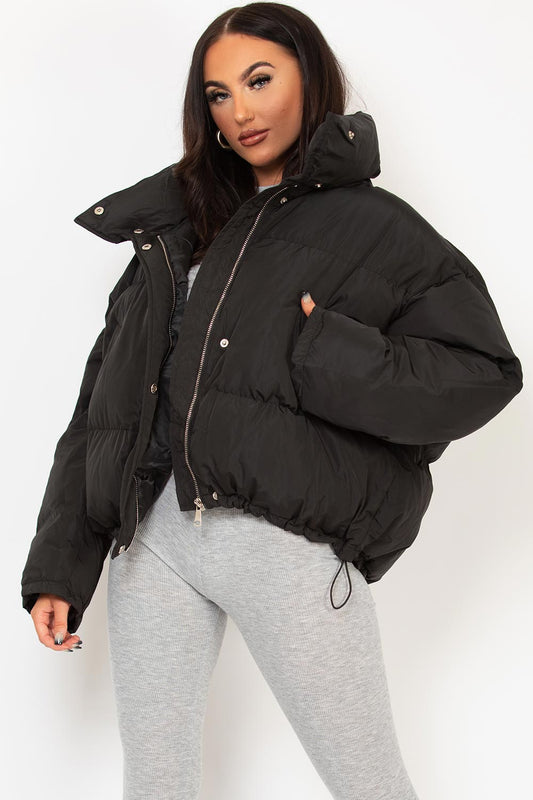 Black Puffer Jacket With Drawstring Hem