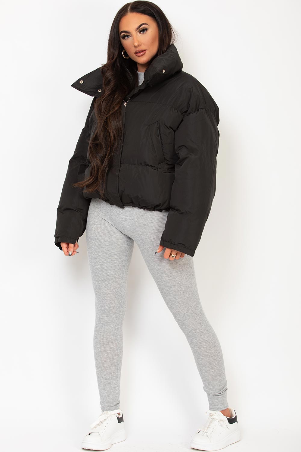 Black Puffer Jacket With Drawstring Hem