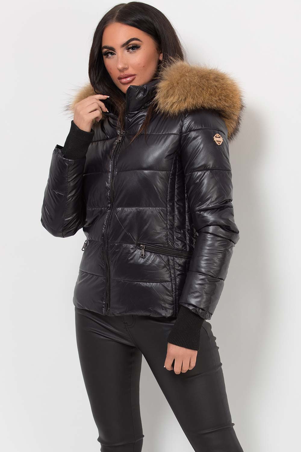 Black Puffer Jacket With Real Fur Hood