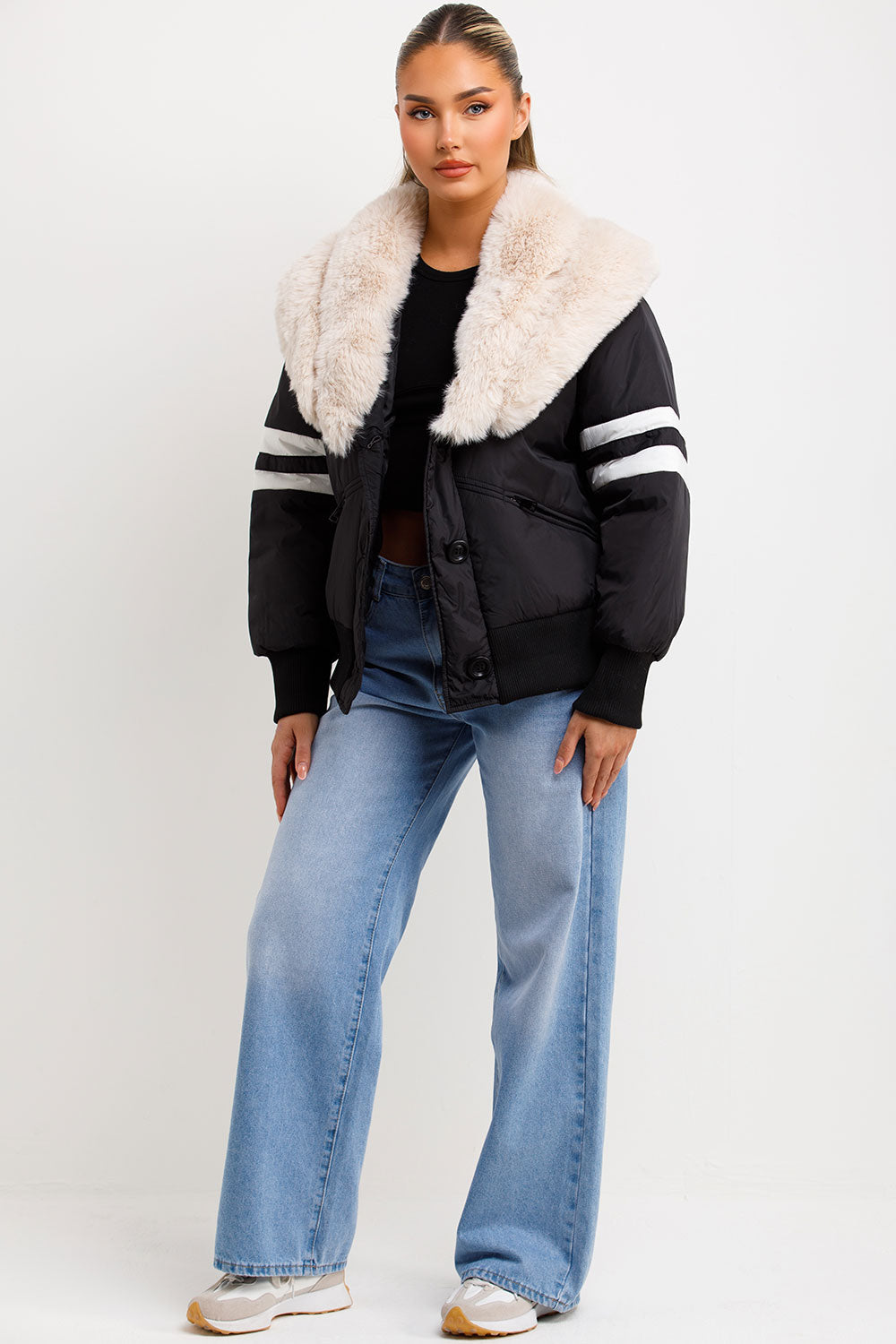 Aviator Bomber Jacket With Faux Fur And Stripe Detail Black