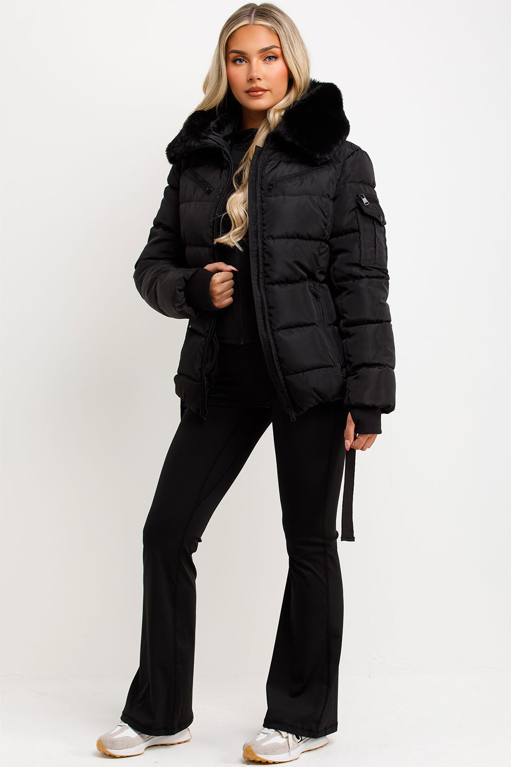 Black Faux Fur Hood Jacket With Belt