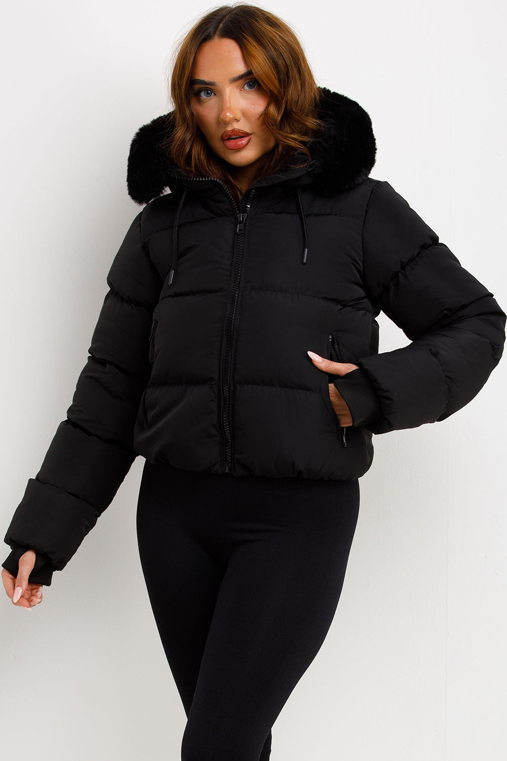 Black Puffer Jacket With Fur Hood