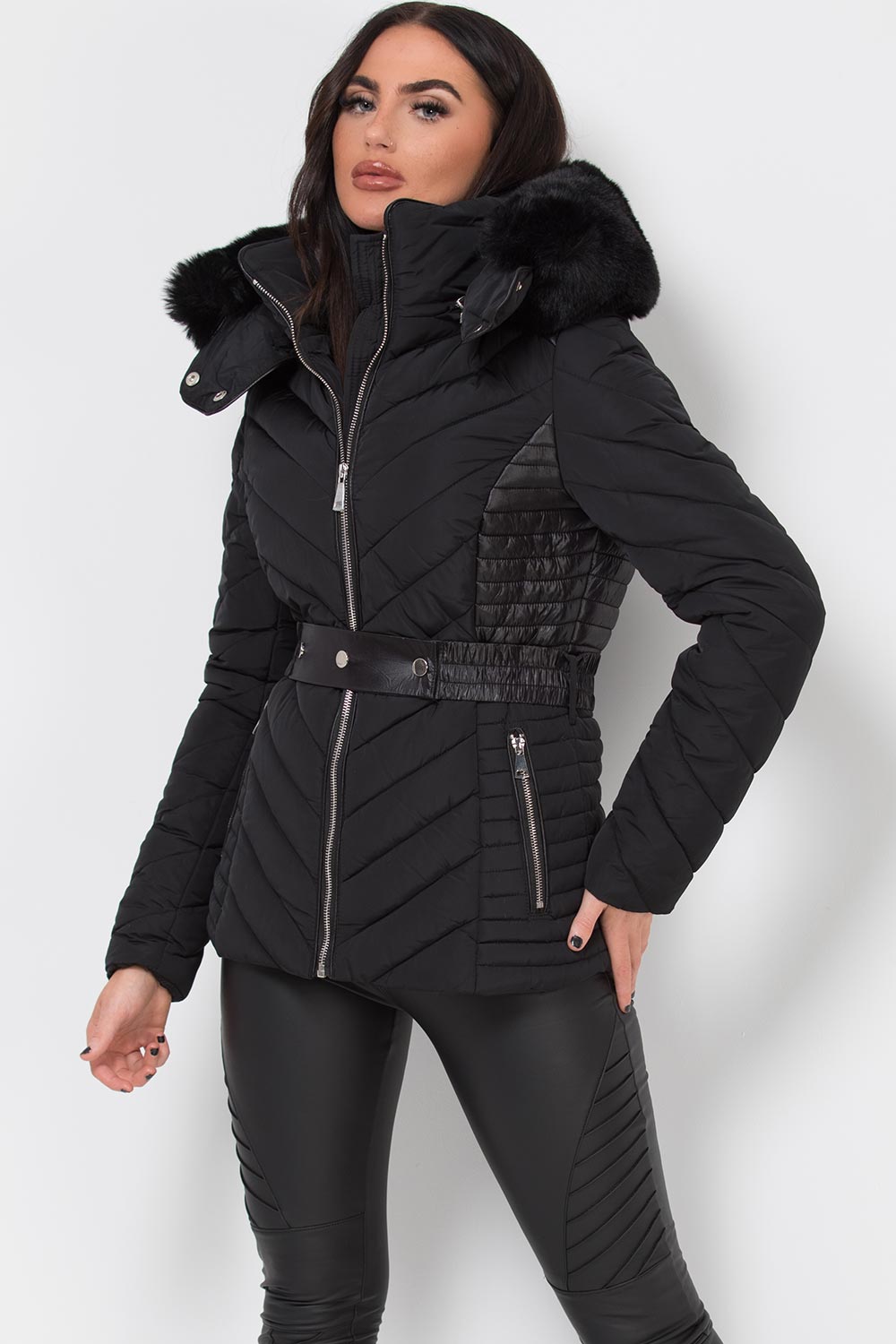 Black Puffer Quilted Jacket With Faux Fur Hood And Belt